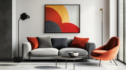 Modern living room interior design with colorful abstract art.