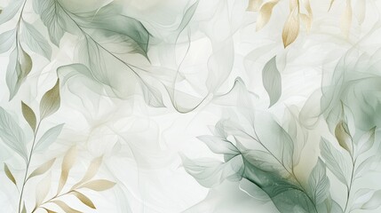 Delicate Watercolor Leaves and Flowers in Muted Greens and Golds Arranged in a Flowing Abstract Pattern