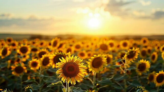 Strahlend gelbes Sonnenblumenfeld leuchtet in der Abendsonne