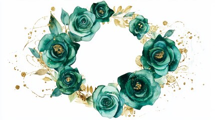 Elegant Watercolour Emerald and Gold Wreath with Roses and Splashes Isolated on White Background