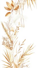 Elegant Wedding Composition Featuring Long Branches of Leaves and Gold Accents on a Mostly White Background