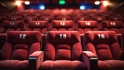 Fototapeta premium Rows of luxurious red velvet cinema seats, ready for moviegoers, showcasing numbers 12 and 18 in an inviting theater setting.