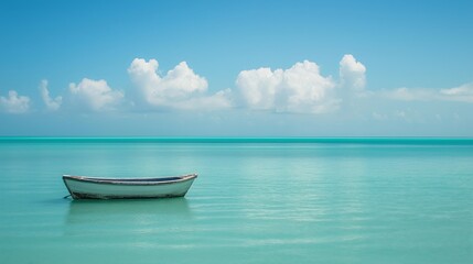 Naklejka premium A small boat gently drifting in an endless turquoise ocean