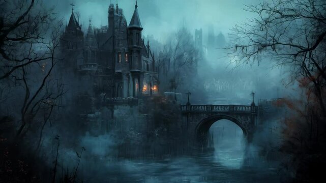 Eerie atmospheric gothic scene with a ruined castle and ambience elements