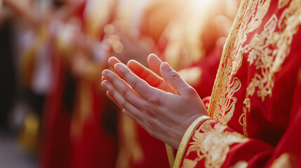 Fototapeta premium A group of people in red robes praying together in a glowing sunset light.