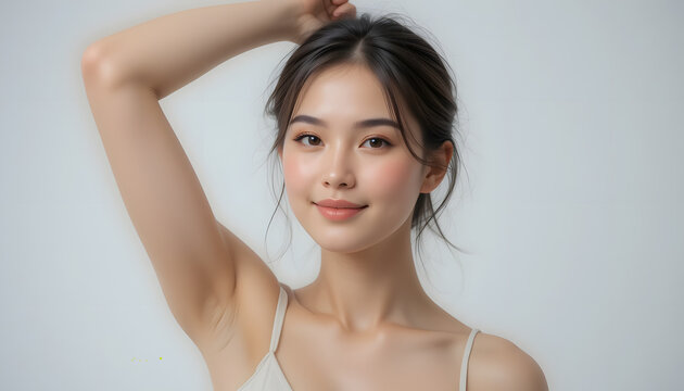 portrait of cute asian woman she raises her arm to show her smooth armpit skin and looks at the camera on a white background in studio light generative ai generative ai