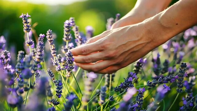Hand streicht durch bl&uuml;henden Lavendel im Garten