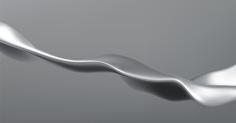 Metallic chrome waves illustration - sleek shiny silver curved line, smooth dynamic flowing shape on gray background. Luxury metal abstract design, futuristic elegant curve, aluminum wavy element.