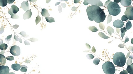 Watercolor Wedding Corner Clipart with Eucalyptus Leaves on White Background in Olive Green and Gold