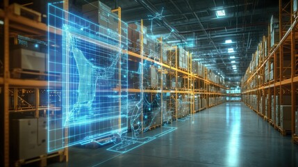 Highly Advanced Logistics Warehouse with Holographic Data Visualization Showcasing Cutting Edge Supply Chain Management and Efficiency in the Digital Age