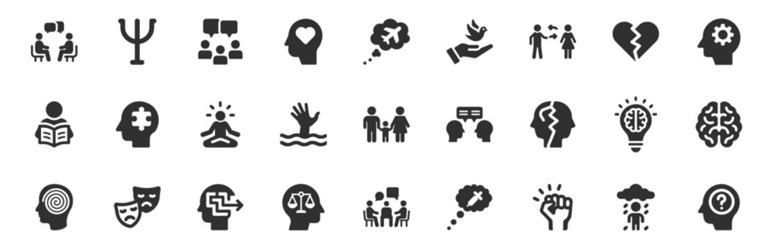 Psychology and mental health icon set. Vector glyph pictograms of brain, discussion, meditation, therapy, support group, therapy, mindfulness, emotional well-being black silhouette illustration.