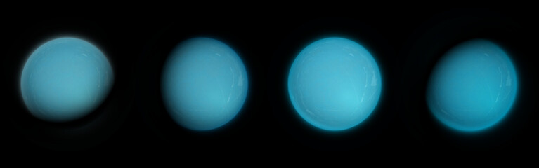 Full realistic moons phase set - glowing blue spheres with craters, textured surface in darkness varying from new moon to last quarter phases, night sky objects collection for fantasy illustrations.