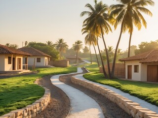 Obraz premium Construction of a pathway in a rural area with houses and palm trees in the background.