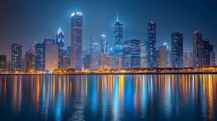 Fototapeta premium Night cityscape skyline reflected in water.