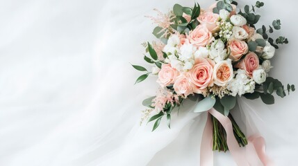 Pink and Peach Wedding Bouquet on White Background with Ample Banner and Copy Space for Creative Concepts
