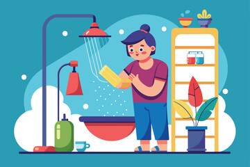Fototapeta premium A person enjoys taking a shower in a stylish flat with bright decor and plants surrounding them, Taking a shower Customizable Flat Illustration