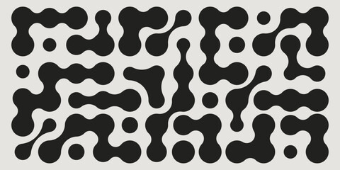 Black metaball shapes pattern - abstract organic blobs, flowing curved forms on white background. Minimalist retro style geometric molecular decorative vector illustration. Connected dot symbols.