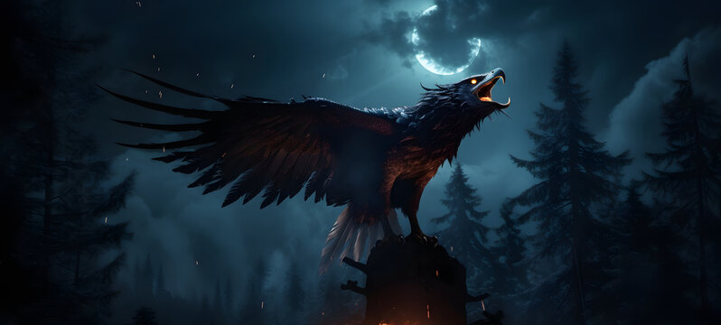 A fierce phoenix howling at a full moon in a dark, ai generative