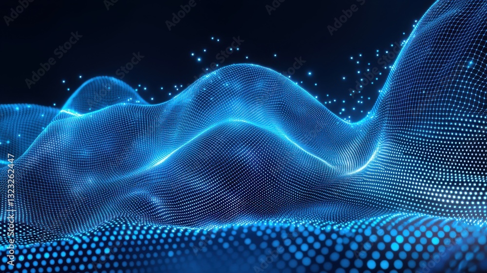 Poster immerse yourself in this captivating digital landscape where shimmering particles dance in fluid mot