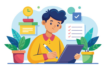 Person writes notes on a laptop while surrounded by greenery and a clock, showcasing a cozy working environment, Taking notes Customizable Cartoon Illustration