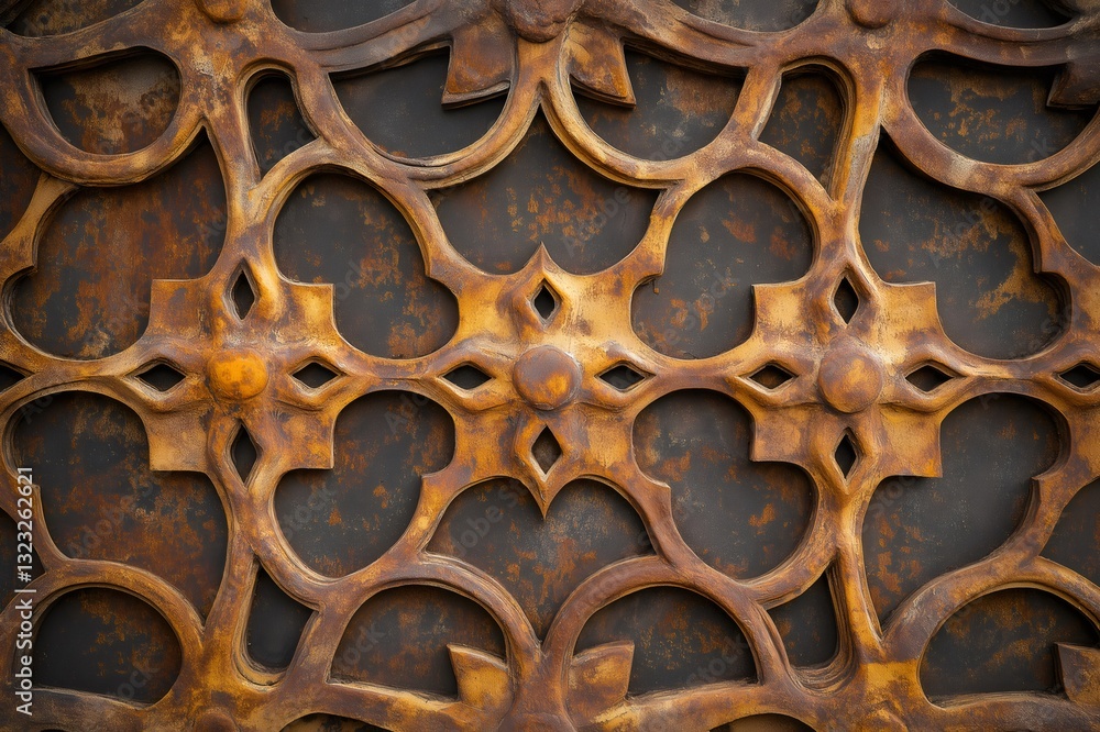 Poster close up of a rusty metal surface with intricate patterns, creating a decorative and textured effect