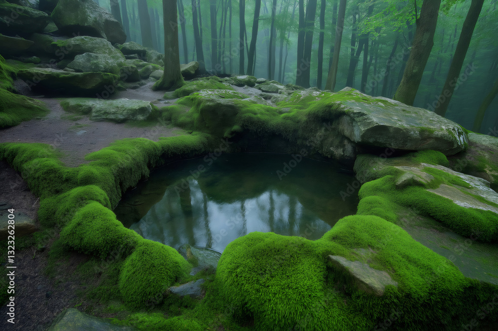 Poster moss covered stones surround a sacred spring reflecting trees in a foggy forest, creating a mystical