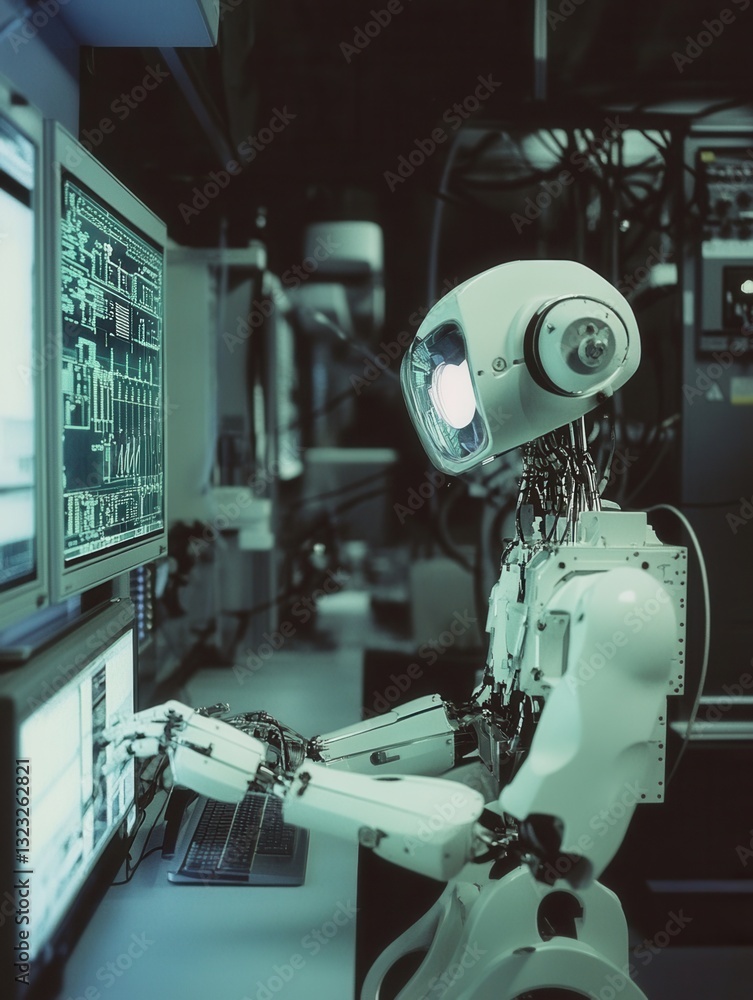 Fototapete robot working in a high-tech laboratory with blinking lights and computer interfaces, focused on its