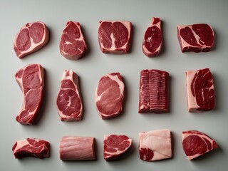 Various Cuts of Raw Meat Displayed Aesthetically on a Neutral Background for Culinary Use.