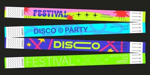 Festival disco party bracelet designs - neon admission wristbands with geometric shapes, stars, globe, moon phases. Retro rave event ticket templates for party access. Colorful arm bands set.