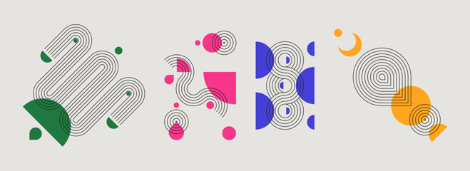 Colorful geometric shapes, lines and patterns set - abstract creative designs with minimalist curved elements, arches, stripes, circles. Playful mid century style composition. Decorative trendy vector