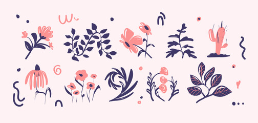 Botanical doodle trendy hand drawn floral elements set - abstract flowers, leaves and branches, swirls and curls in navy blue and coral pink colors. Flat vector decorative plant ornate design kit.