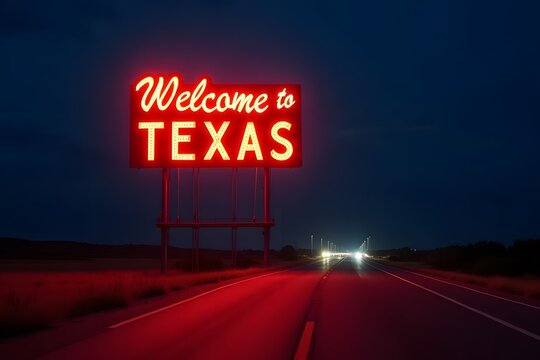 A massive neon "Welcome to Texas" road sign glowing along a quiet, endless highway. - Powered by Adobe