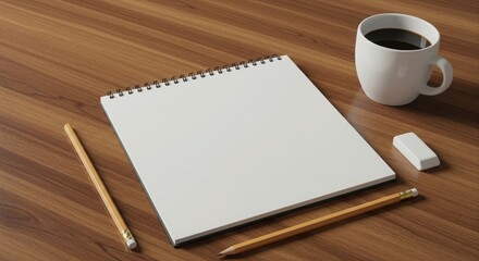 Blank spiral notebook mockup with coffee.