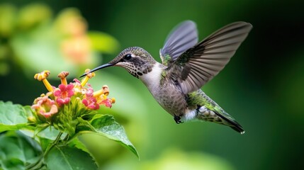 Fototapeta premium Detailed close-up of a hummingbird feeding nectar from vibrant lantana flowers