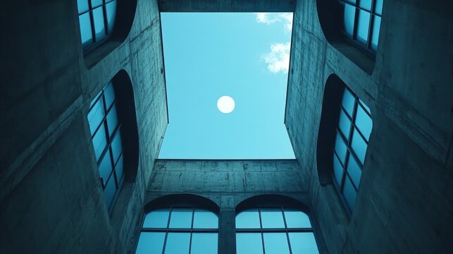 Sunlight radiates from a clear blue sky, illuminating the interior of a modern concrete courtyard. The geometric shapes of the building frame a serene atmosphere, evoking a sense of calm