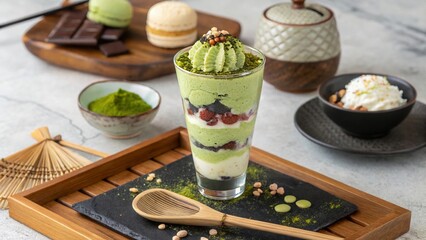 A high-end matcha parfait, elegantly layered with premium Uji matcha ice cream, fluffy castella cake cubes, sweet red bean paste, and delicate shiratama mochi pearls