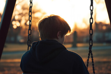 Young boy sitting on a swing at sunset, lost in thought and reflecting on the day's end, embracing a moment of peaceful solitude