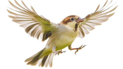 Eurasian tree sparrow flying with spread wings on transparent background
