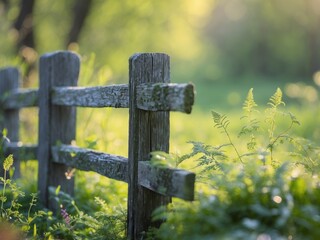 Fototapeta premium Rustic Wooden Fence Lush Greenery Spring Growth Nature Background.