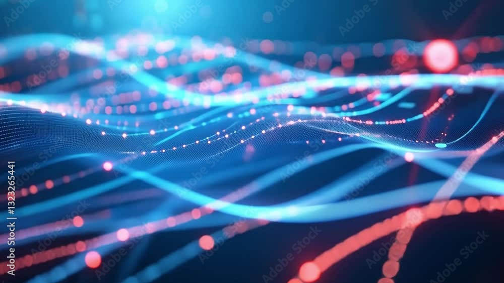 Poster futuristic digital abstract background with glowing blue and red lines and dots creating dynamic vis