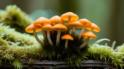 This macro photo captures a cluster of delicate, tiny orange mushrooms growing sprightly amidst moss on decaying wood, set against a forested backdrop.