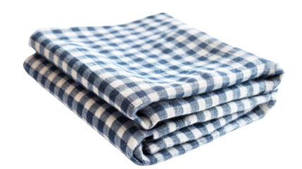 Folded blue and white checkered fabric on transparent background