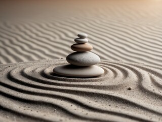 Balancing stones on sand create a serene arrangement in a tranquil setting.