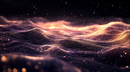 Abstract digital landscape of shimmering particles, with undulating textures and warm light highlighting a dynamic surface.