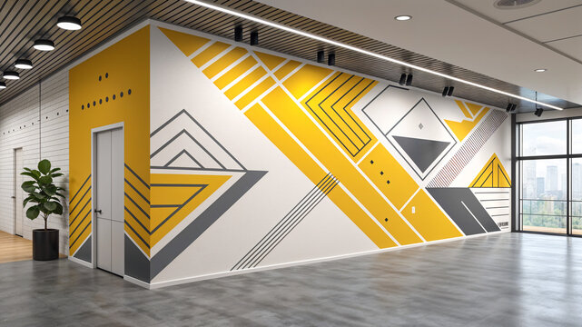 futuristic office interior with graffiti style mural on the wall . Generative AI