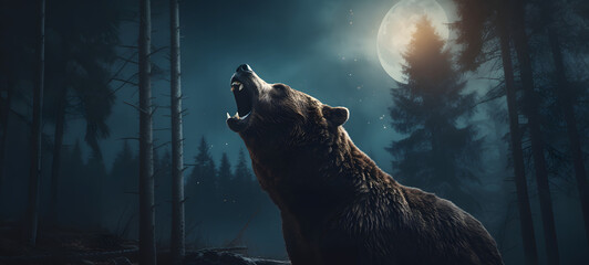 Obraz premium A fierce bear howling at a full moon in a dark, ai generative