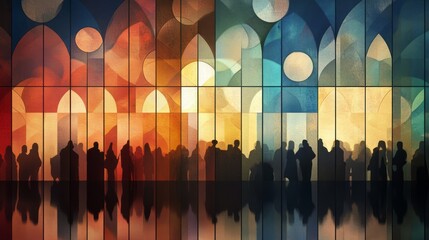 silhouettes of people gathering near a large stained-glass window.