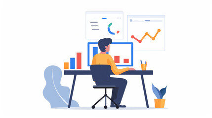 Man Analyzing Data on Computer with Visual Graphs and Charts in Office