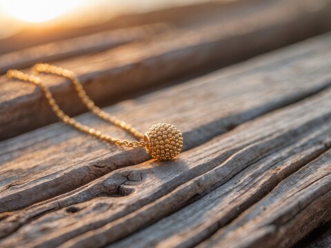 Gold Ball Charm Necklace on Rustic Wood with Sunset Backlight