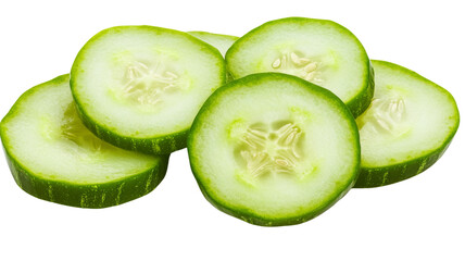 Sliced cucumber showing seeds and flesh on transparent background